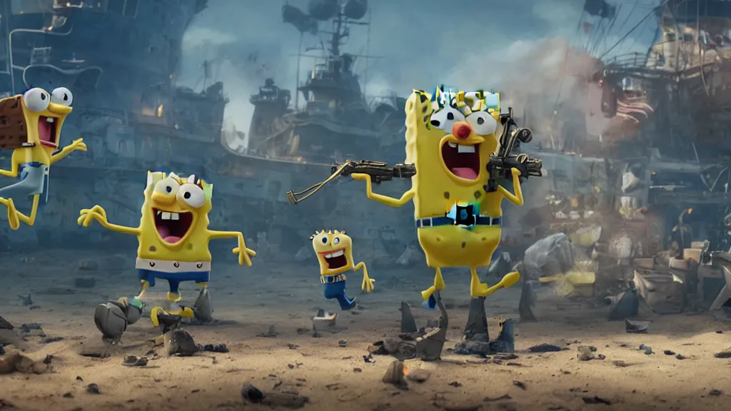 Prompt: spongebob squarepants as a navy seal, in a gun fight in an unknown city, wide shot, 3 d, hyperrealistic, rendered in octane, by yuumei, bayard wu, wlop, tim white, ross tran, 4 k