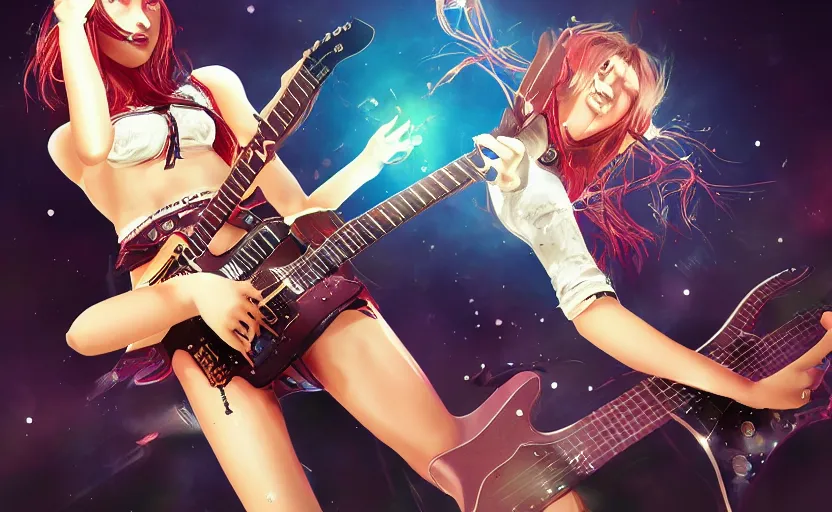 Prompt: rockstar girl playing electric guitar on stage. by amano yoshitaka, digital art, digital painting, artstation trending, unreal engine