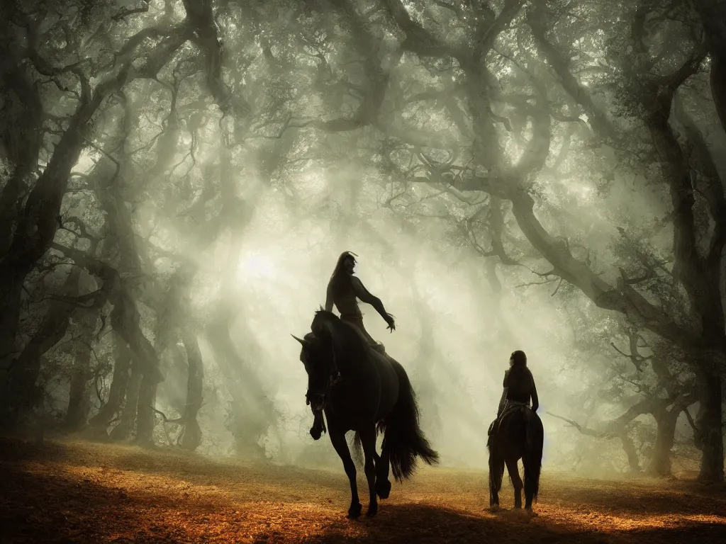 Image similar to a woman riding on a black horse through a oak and beech forrest, rays of light, cinematic, fantasy art, moody morning light, trending on artstation, by peter jackson