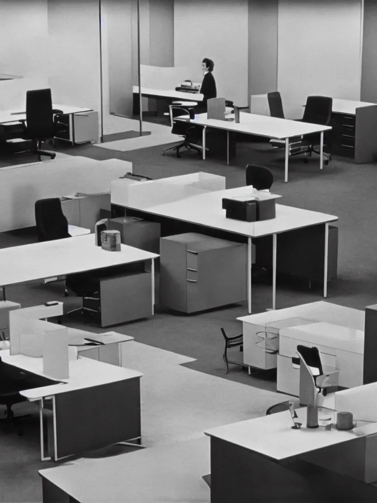 Image similar to a still of severance series indoor 7 0 s furniture office scenario appearing in a film of jacques tati