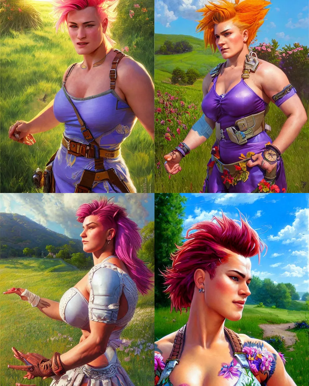 Prompt: portrait, zarya from overwatch wearing a beautiful summer dress in the countryside, by greg staples and jeff easley, beautiful scene, hyperrealistic, intricate, summer day, sunlight, cheerful, soft lighting, detailed
