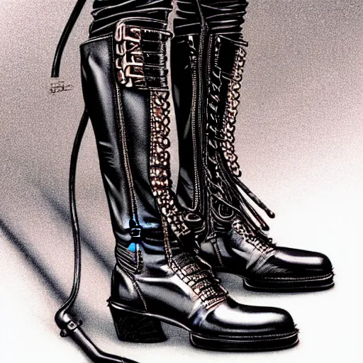 Image similar to close - up of a walking woman's leather boots, punk rock, 1 9 8 0's art, airbrush style, art by hajime sorayama,, intricate, elegant, sharp focus, illustration, highly detailed, h 6 4 0