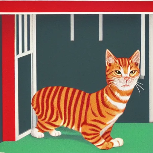 Image similar to oil painting of a red tabby cat sitting in the backyard, by Hiroshi Nagai