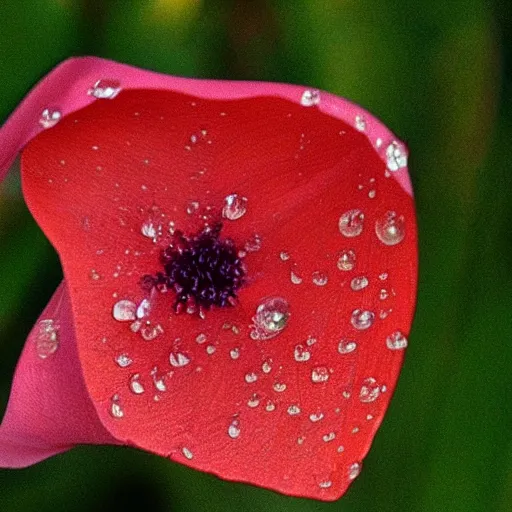 Prompt: dewdrop on a flower petal shimmers quietly after a little wavering and falls like a tear of love