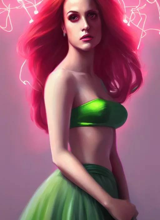 Image similar to full body portrait of teenage cheryl blossom, bangs, green eyes, sultry expression, red hair, sultry smirk, bangs and wavy hair, pink skirt, intricate, elegant, glowing lights, highly detailed, digital painting, artstation, concept art, smooth, sharp focus, illustration, art by wlop, mars ravelo and greg rutkowski