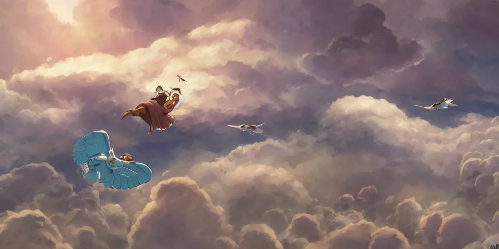 Image similar to A girl flying with a bird-shaped white glider over the clowds, Nausicaa of the Valley of the Wind, Miyazaki Hayao, ghibli style, highly detailed, digital painting, concept art, sharp focus, illustration