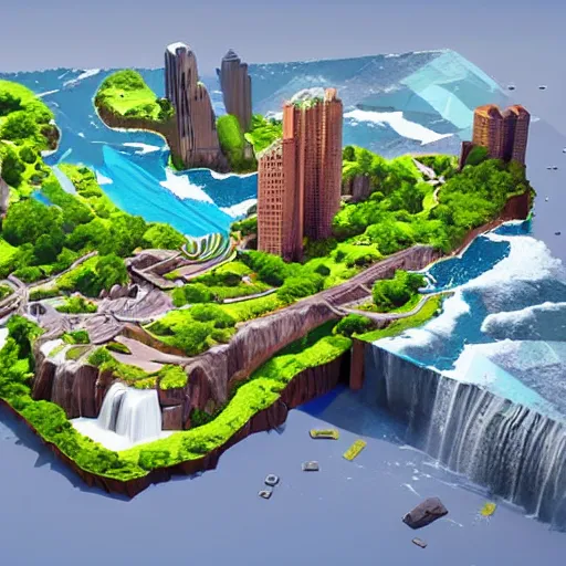 Image similar to new york surrounded by waterfalls on a floating island in the sky, low poly art, isometric art, 3d render, ray tracing, high detail, artstation, concept art, behance, smooth, sharp focus, ethereal lighting, unreal engine 5