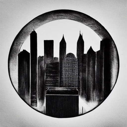 Image similar to a perfect circle where the inside is empty blank space and around the outer edge of the circle is the silhouette of a city skyline, black and white, minimalist, in the style of a charcoal drawing, made by david mellen