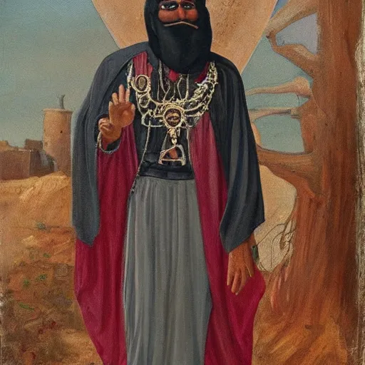 Image similar to a cyborg dressed in arab clothes, has a long beard, holds a rosary, and wears an arab abaya, oil painting