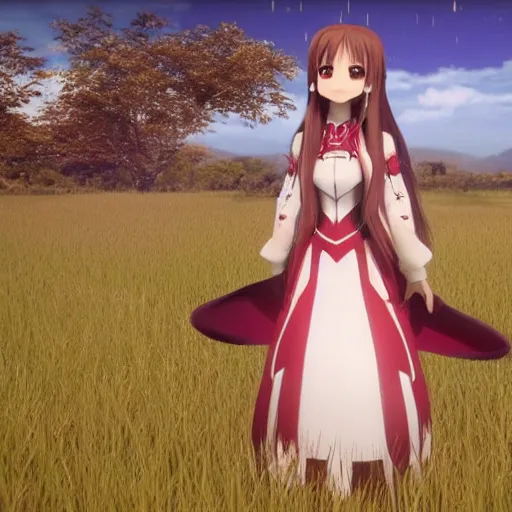 Prompt: yuuki asuna in her wedding dress on a vast field, extremely long hair, unreal engine