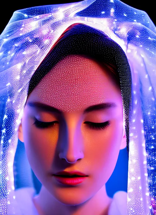 Image similar to queen chess piece photo, beautiful veil of led point lights, pearlescent skin, skin made of led point lights, very detailed, highly detailed background, photorealism, sharp focus, photorealism,cosmic, soft diffuse autumn lights, some sunlight ray, dark room wall, canon 5D 50 mm lens
