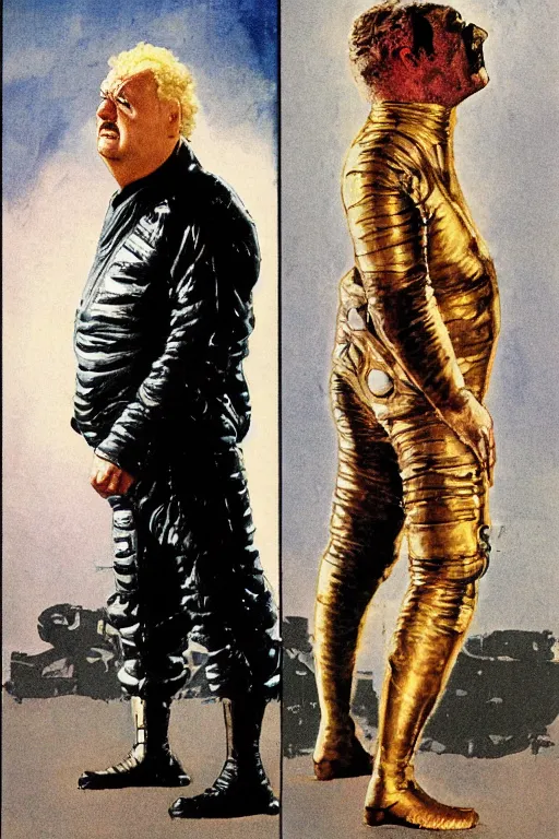 Prompt: full body and head portrait of actor Kenneth McMillan as baron harkonnen hovering floating levitating above the floor wearing ragged leather spacesuit in dystopian science fiction palace, painted by norman rockwell and phil hale and tom lovell and frank schoonover and piotr jablonski, dune 1982 movie