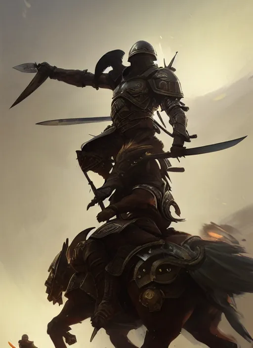 Image similar to epic war commander with armored helmet holding two gigantic sword and riding a standing horse while attacking enemies. highly detailed, digital painting, concept art, smooth, sharp focus, illustration, art by greg rutkowski