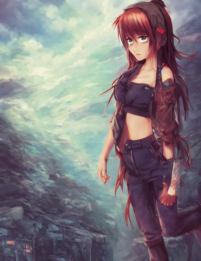 Prompt: scenic wide angle portrait of a teenage girl in a coal mine, blue jeans outfit, anime in fantasy style, trending artwork, made with anime painter studio, by anato finstark, tony sart, marc simonetti and an anime artist, collaboration