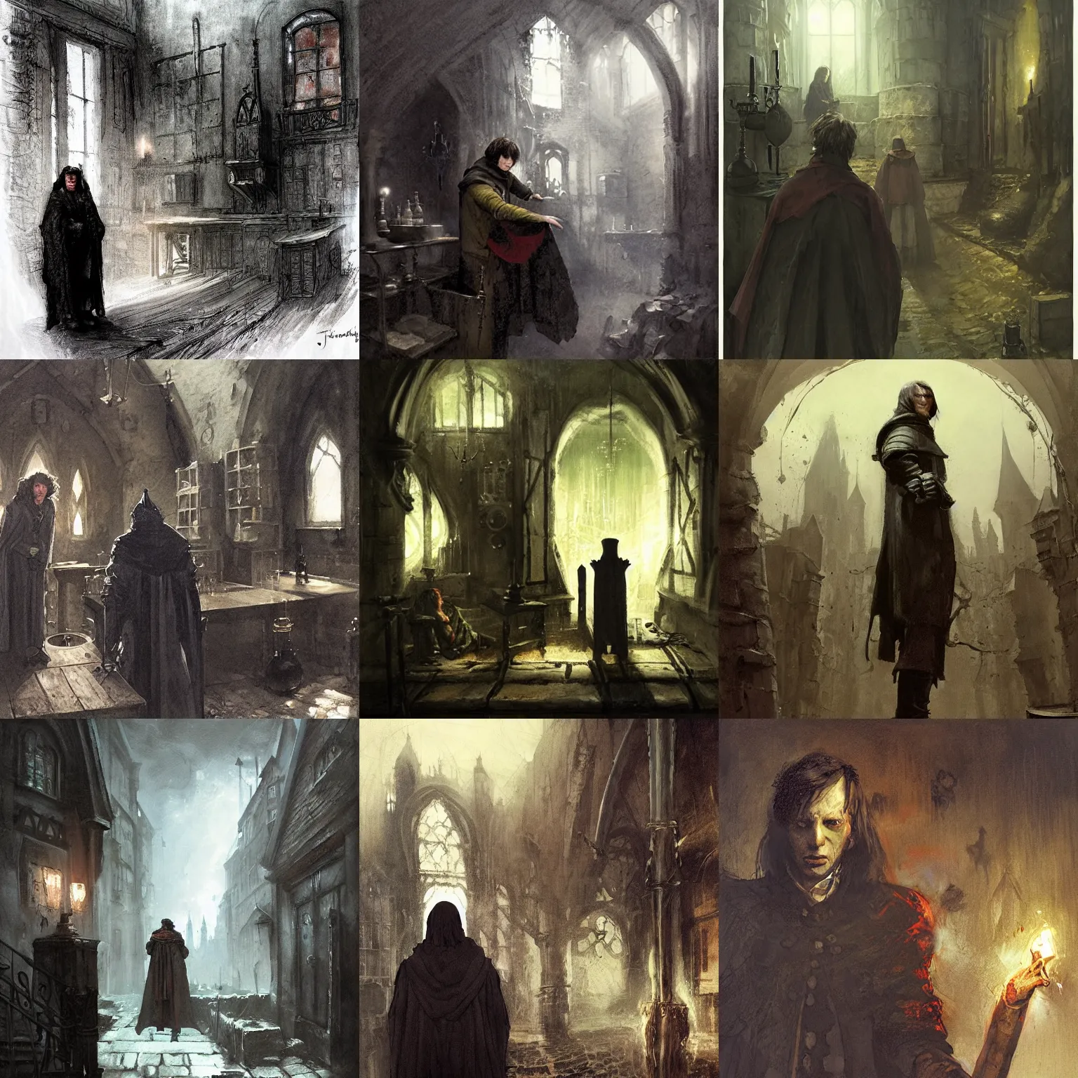 Prompt: and j. dickenson, law contrasts, jesse eisenberg as an enigmatic medieval alchemist in a alchemy lab. dark shadows, fantasy concept art by jakub rozalski, ( low key light ), colorful, jan matejko