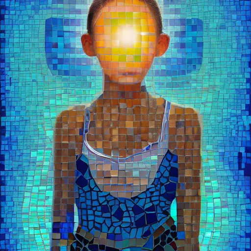 Image similar to mosaic portrait of a beautiful cute girl with robot ears, 4k, intricate details, digital, sun in the background