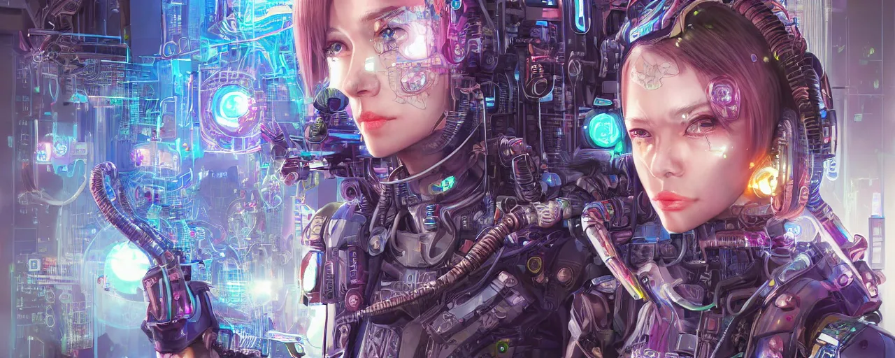 Image similar to portrait of a cyberpunk sci-fi artificual intelligence machine, third person, D&D, sci-fi fantasy, intricate, hologram colors , highly detailed, art by Range Murata, highly detailed, isometric 3d, octane render, bright colors, digital painting, trending on artstation, sharp focus, illustration style of Stanley Artgerm,