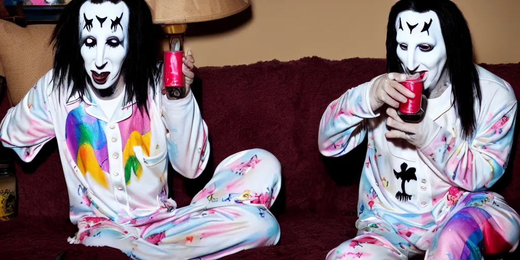 Prompt: photo of marilyn manson in a unicorn pajamas, drinking chamomile tea, 8 k, highly detailed