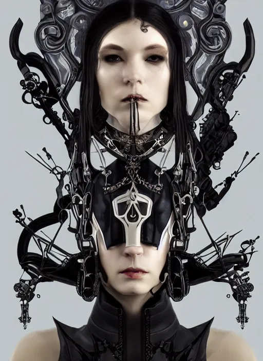 Image similar to a cyborg empress with mask, black leather garment with art nouveau ivory accessories, cyberpunk, darksynth, luxury, concept art by jama jurabaev, extremely detailed, ominous, ethereal, artstation, andree wallin, edvige faini, balaskas, alphonse mucha, symmetry