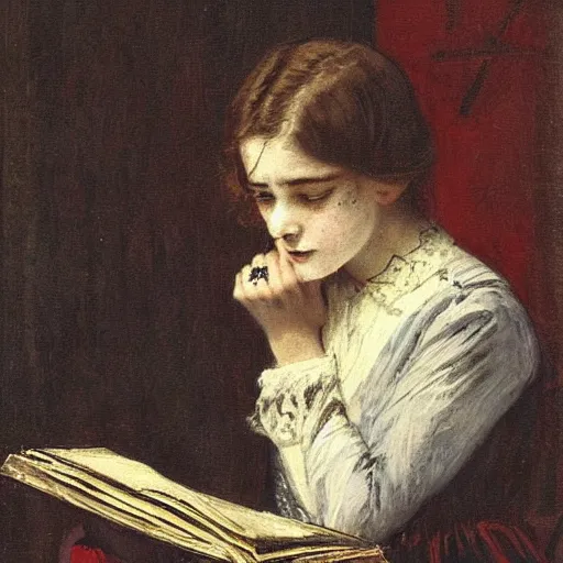 Image similar to scared young victorian lady reading a horror book with an occult symbol on the cover, painted by alfred stevens