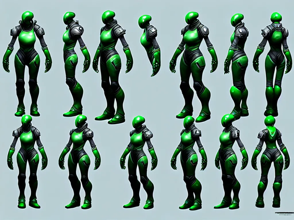 Prompt: highly detailed moba artstation character design sheet for a group of sci - fi alien soldier with wapons, hethe srodawa, green and silver color, dark fantastic, game assets, unreal engine, unity, concept art