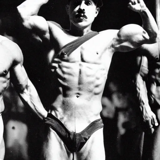 Image similar to A photo of a Charlie Chaplin posing at a bodybuilding contest