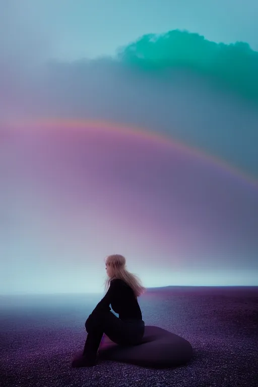 Image similar to high quality pastel coloured film close up wide angle photograph of a model wearing clothing resting on cloud furniture in a icelandic black rock!! environment in a partially haze filled dreamstate world. three point light, rainbow. photographic production. art directed. pastel colours. volumetric clouds. pastel gradient overlay. waves glitch artefacts. extreme facial clarity. 8 k. filmic.
