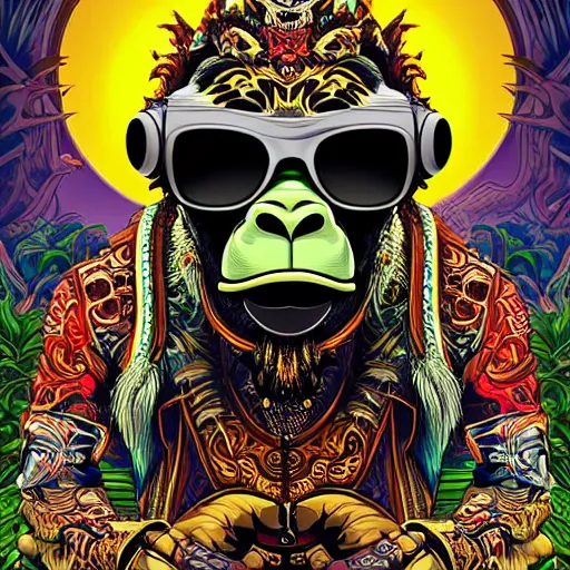 Prompt: barong family member with ray - ban sunglasses and headphones, stage, wiwek, mara demon, one single tribe member, jungle, one single mask, dark, ancient warrior, gorilla, lizard, tribal, inner glow, art by dan mumford and justin gerard