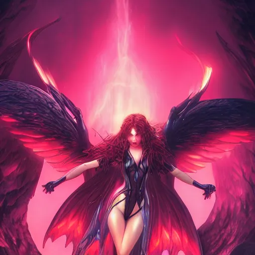 Image similar to young vampiress with burning wings in a pink castle 4 k high definition gorgeous dramatic lighting artstation trending path traced contrast light and dark cinematic breathtaking by hughes, edward robert, noriyoshi ohrai and hans zatzka