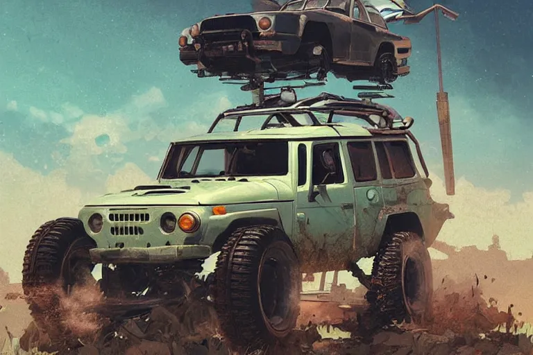 Image similar to digital illustration of a futuristic faded cyan mad max's fj 4 0 decrepit!!!! pursuit special, rusty!!! cyberpunk nissan fj cruiser heavily modded 1 9 9 0 s, the last v 8 interceptor by makoto shinkai, ilya kuvshinov, lois van baarle, rossdraws, basquiat