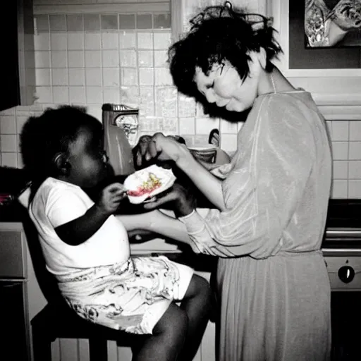 Prompt: “35mm photo of my mom feeding me in the kitchen when I was a baby. Its 1986. In the style of David lachappelle.”