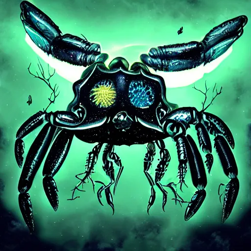 Image similar to lovecraft, migo, fungoid crab, wings, glowing head, flying, night sky, eldritch, realistic