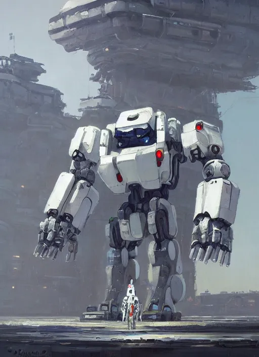 Image similar to an intricate oil painting of a giant pristine white mechsuit mecha mech with rounded components and tarpaulin cloak by simon stalenhag, by ian mcque inspired by nier : automata, clean white lab background