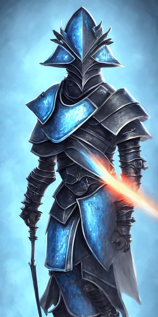 Prompt: videogame card painting of an elegant light - blue steel - plate armor artstation, rpg, digital art, vibrant background, dark souls, runescape, skyrim, final - fantasy, diablo - 3