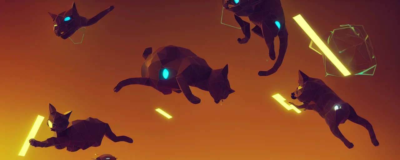 Image similar to duotone noir scifi concept illustration of lowpoly cats floating zero gravity glowing 3 d mesh portals futuristic, glowing eyes, octane render, surreal atmosphere, volumetric lighting. golden ratio by sachin teng and sergey kolesov and ruan jia and heng z. graffiti art, scifi, fantasy, hyper detailed. trending on artstation