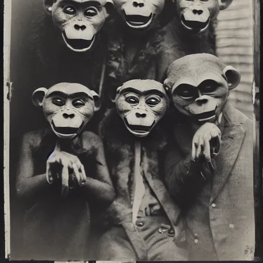 Image similar to portrait of people wearing monkey masks, photograph, style of atget, 1 9 1 0, creepy, dark