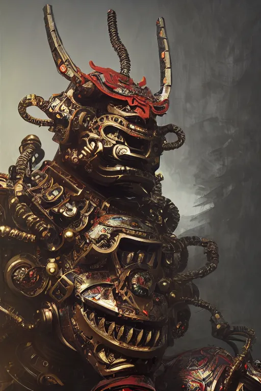 Image similar to robot - demon samurai mask, intricate, elegant, volumetric lighting, scenery, digital painting, highly detailed, artstation, sharp focus, illustration, concept art, luis rollo, ruan jia, steve mccurry, john berkey