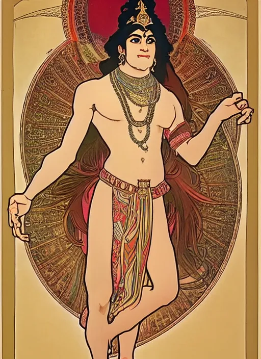 Prompt: a full body portrait of beautiful ornated hanuman!!!! god with flowing medium hair, soft facial features, kind appearence, digital art by alphonse mucha, inspired by krishen khanna and madhvi parekh, symmetrical body, artgerm, portrait, muted color scheme, highly detailed, outrun art style