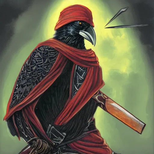 Prompt: a crow that is a warrior monk, dungeons and dragon, portrait