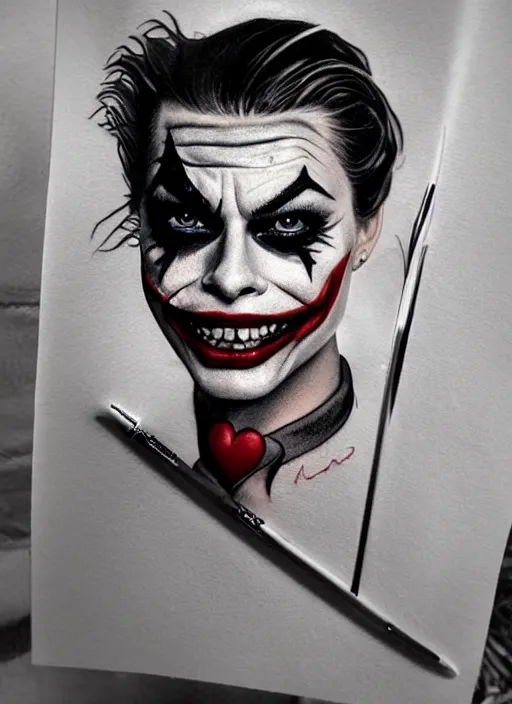 Image similar to tattoo design of beautiful margot robbie with a little joker makeup, holding an ace card, slight smile, in the style of den yakovlev, realistic face, black and white, realism tattoo, hyper realistic, highly detailed