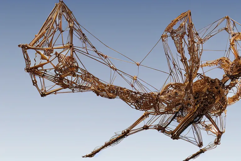 Prompt: an immaculate cel shaded rendering of an enormous biomechanical cyber strandbeest dragonfly in flight. high key lighting. by theo jansen by alberto baisi