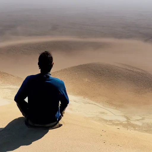 Image similar to man sitting on top peak mountain looking at huge vast sandstorm dust tornado desert