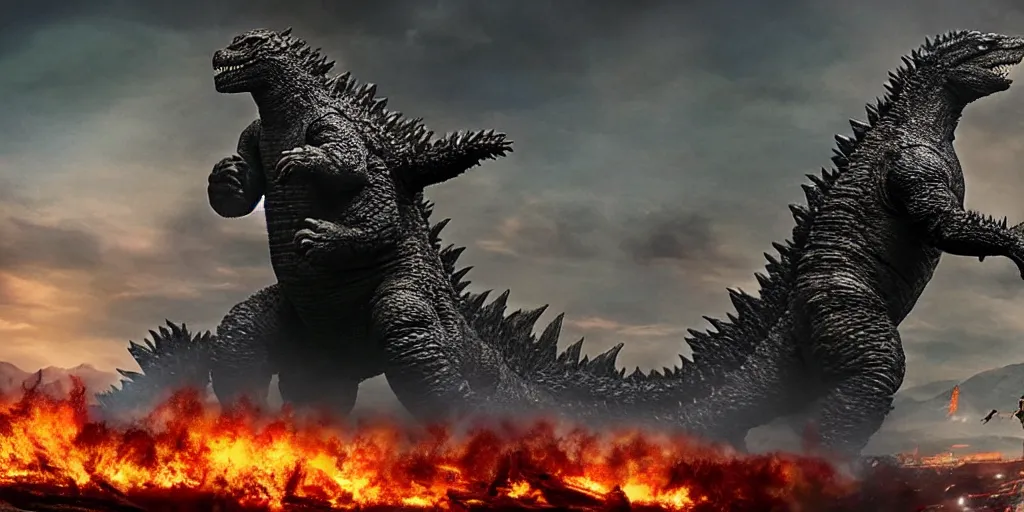 Prompt: photo of godzilla in a giant scale action movie battle, chaos and funny looking fases and body poses, debries, rubble, fire, special effects