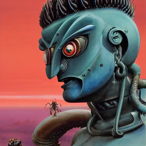 Prompt: A mixed media portrait painting of a naraka buddhist demons, sweat, aesthetic symmetrical face and eyes, photorealistic, model, wet, starship-troopers, pacific-rim-mech in background, eighties pinup style, by Frank Frazetta, Boris Vallejo, Beeple, Greg Rutkowski, Christian MacNevin, epic fantasy character art, high fantasy, CGsociety, exquisite detail, post-processing, masterpiece, cinematic