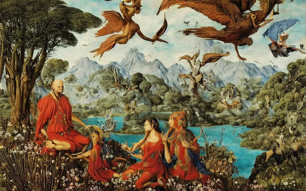 Image similar to a portrait photograph of a meditating harpy and a centaur king riding eagles and hunting at a river delta. surrounded by bulbous flowers, animals and trees. mountains range under a blue sky of burning stars. by jan van eyck, max ernst, ernst haeckel, ernst fuchs and artgerm, artstation, daily deviation, 8 k