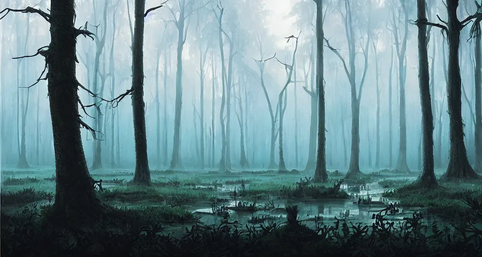 Image similar to A dense and dark enchanted forest with a swamp, by RHADS