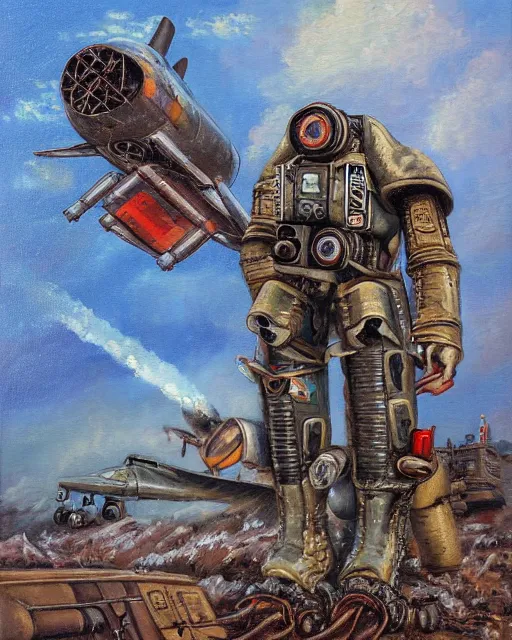 Image similar to portrait of a sukhoi mech armed with rockets and a minigun, oil painting, soviet airplane, tribal yurta, postapocalyptic