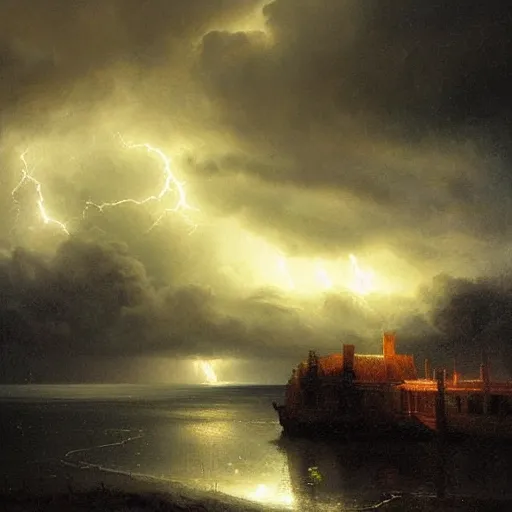 Prompt: a glass snow globe containing a lightning storm. roiling clouds, light and dark, dramatic lighting. beautiful painting by greg rutkowski and rembrandt