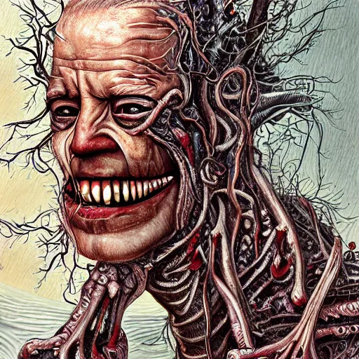 Image similar to biden became bloody ugly lovecraftian degenerate abomination, photo - realistic, color image, 2 k, highly detailed, bodyhorror, occult art, by giger