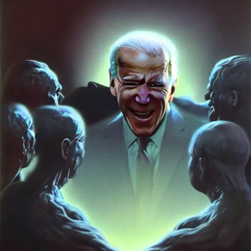 Image similar to epic Joe Biden in pandemonium, demons and souls, portrait, art by Wayne Barlowe, oil on canvas